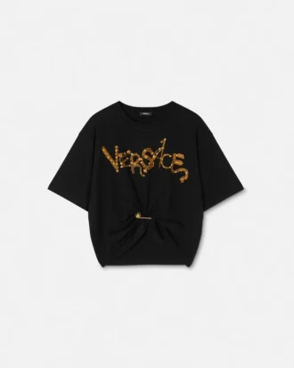 Crop-T-Shirt mit Nieten und Sicherheitsnadel