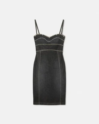 Verziertes, tailliertes Midikleid aus Denim